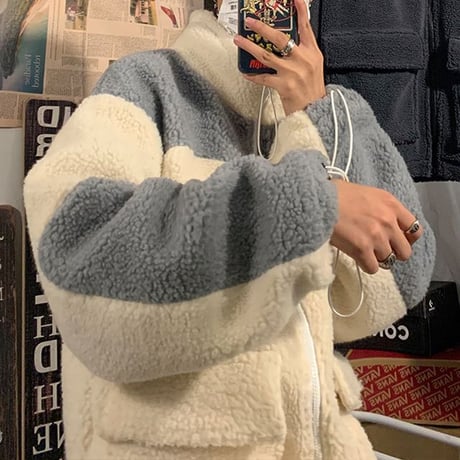 ユニセックス バイカラー ボアブルゾン ボアジャケット ボア アウター オーバーサイズ ゆったり 韓国ファッション メンズ レディース ストリートファッション DTC-607497903384