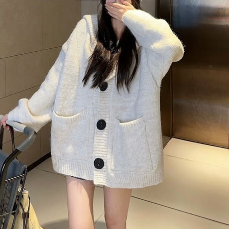 フード付き ニットカーディガン 大きいボタン ニット シングルブレスト ルーズ 長袖 レトロ 韓国ファッション レディース 大人可愛い ガーリー DTC-839806748092