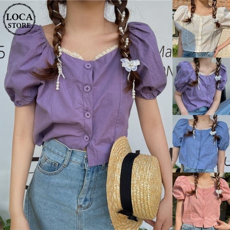 ブラウス クロップド丈 スクエアネック パフ袖 半袖 薄手 韓国ファッション レディース トップス ショート丈 大人可愛い ガーリーDTC-646896794249)