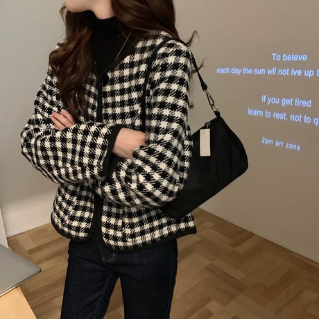 チェック柄 ショートジャケット ノーカラー 襟なし シングルブレスト 長袖 ルーズ レトロ 韓国ファッション レディース 大人可愛い ガーリ DTC-657458574513