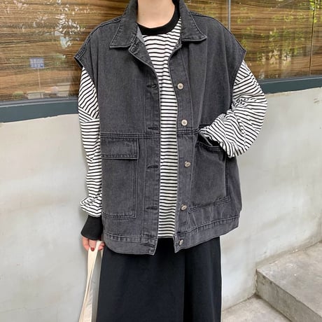 デニムベスト ジレ ベストジャケット デニム オーバーサイズ ビッグシルエット レトロ 韓国ファッション レディース ガーリー カジュアル ストリート系 DTC-651919599376