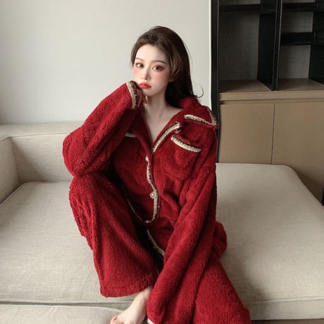 ルームウェア パジャマ セットアップ フリース プラスベルベット トップス + パンツ 長袖 上下セット 韓国ファッション レディース もこもこ ガーリー 633794682654