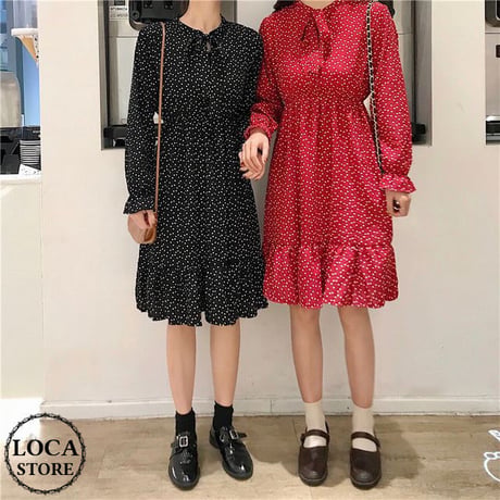 レディース 長袖ワンピース ミモレ丈 ドット柄 ワンピース フレア リボン 韓国ファッション オルチャン (DCT-587243195150)