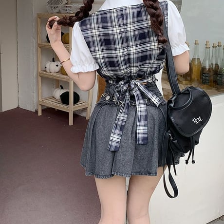 セットアップ チェック柄 フェイクレイヤード トップス デニムスカート パフスリーブ 半袖 上下セット レトロ 韓国ファッション レディース かわいい ガーリー DTC-726789437739