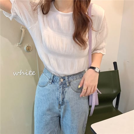 プリーツ ティアード ブラウス パフ袖 半袖 シフォン 韓国ファッション レディース  トップス 薄手 無地大人可愛い ガーリー フェミニン DTC-619794661879