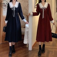 レース襟 ワンピース ドールカラー リボン Vネック Aライン ハイウエスト ロングワンピース 長袖 レトロ 大人可愛い ガーリー フェミニン DTCA-662400296519