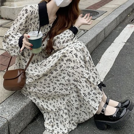 襟付き 花柄ワンピース ロング丈 伸縮性ウエスト ハイウエスト 長袖 韓国ファッション レディース 大人可愛い ガーリー フェミニンDTC-655324922378