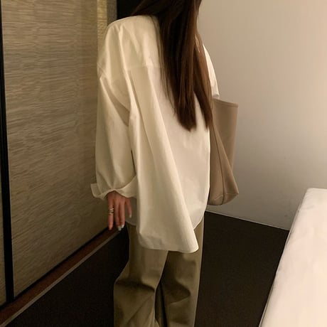 ノーカラー シャツ Vネック ルーズ ブラウス 長袖 レトロ 韓国ファッション レディース 大人可愛い ガーリー DTC-733875125653