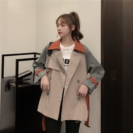 ショートコート バイカラー ベルト付き 袖ベルト 韓国ファッション レディース トレンチコート ダブルブレスト カジュアル 長袖 ゆったり 大人可愛い ガーリー DTC-627548571464