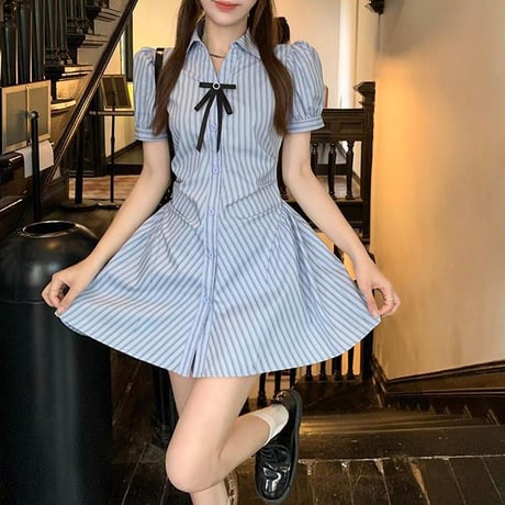 2点セット リボン ストライプ柄 シャツワンピース ショートパンツ 薄手 ポロカラー ミニワンピース 半袖 パフスリーブ Aライン レトロ 大人可愛い ガーリー DTCA-727562704082