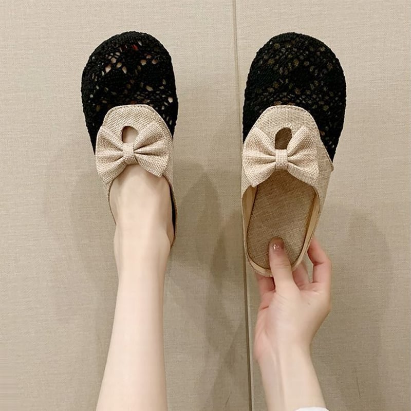 ペタンコサンダル フラットサンダル サボ スリッパ リネン リボン  