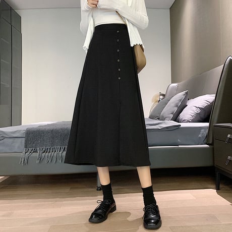 スプリットスカート Aライン ミドル丈 アプリコット ブラック 韓国ファッション レディース スカート クロッチスカート ハイウエスト 大人カジュアル かわいい ガーリー 626634086789