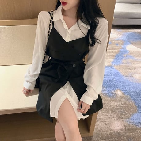 セットアップ ロングシャツ ＋ サスペンダースカート 韓国ファッション レディース 不規則デザイン ワンピース シャツ ハイウエスト 大人可愛い ガーリー (DTC-610138365332)