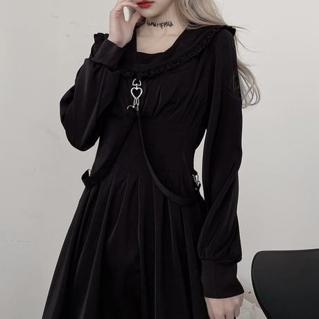 【2カラー】 ワンピース フリル襟 ストラップ ハイウエスト Aライン 長袖 韓国ファッション レディース 大人可愛い ガーリー フェミニン ゴシック 暗黒系 DTC-624472065156