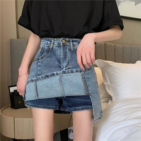 デニムスカート ショートパンツ 韓国ファッション レディース スカート ショート丈 ミニスカート デニム Aライン インナーパンツ ハイウエスト ガーリー 619026668698
