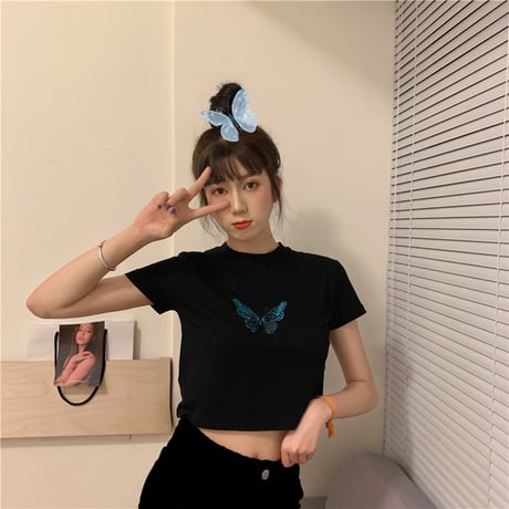 バタフライ Tシャツ 半袖 ショート丈 ブラック 韓国ファッション レディース 蝶 黒 かわいい ガーリー DTC-615160318594_bk