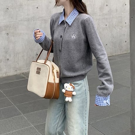 フェイクレイヤード ニット トップス チェック柄 刺繍ロゴ トップス 長袖 レトロ 韓国ファッション レディース 大人可愛い ガーリー DTCA-833712372783