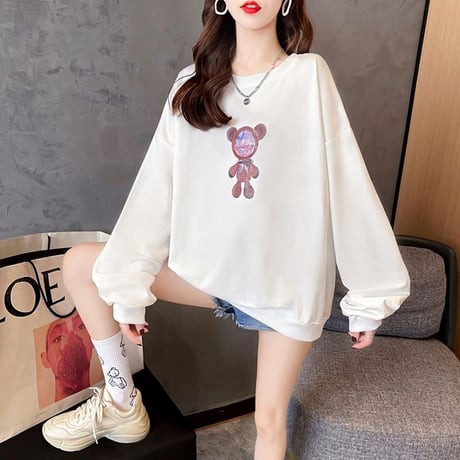 トレーナー 羽 エンジェルくまちゃん 薄手 シンプル ルーズ 韓国ファッション レディース トップス 大きめ ガーリー カジュアル ストリートファッション DTC-651472313621