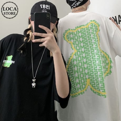 ユニセックス Tシャツ 半袖 クマちゃん ベアー レタープリント オーバーサイズ 韓国ファッション メンズ レディース カジュアル ストリートファッション DTC-644216065107