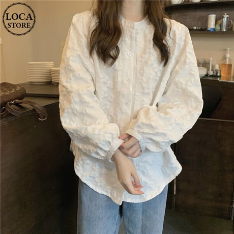 ブラウス エンボス風 総刺繍 ノーカラー シャツ トップス 長袖 レトロ 韓国ファッション レディース 大人可愛い ガーリー フェミニン DTC-666765737982