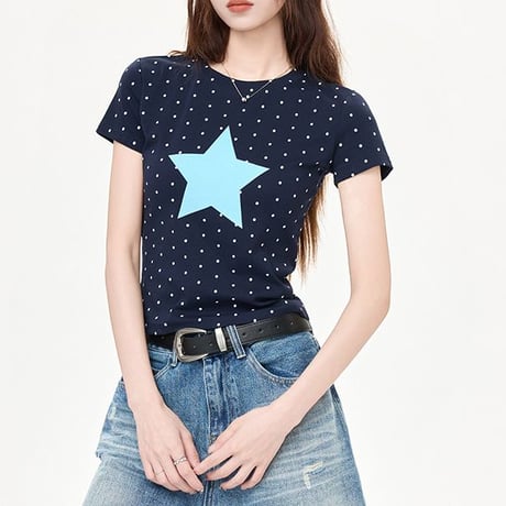 tシャツ ドット柄 スター 星 ショート丈 クルーネック タイト トップス スリムフィット タイトシルエット 半袖 レトロ 大人可愛い ガーリー カジュアル DTCA-1039930699153