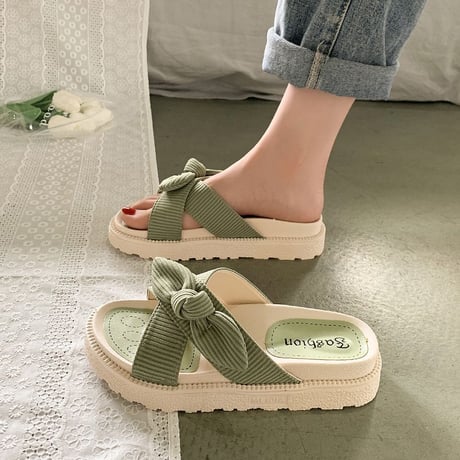 クロスデザイン リボン 厚底サンダル 22.5～25.0cm スリッパ サンダル オープントゥ フラットヒール 厚底 美脚効果 韓国ファッション レディース DTC-640513581984