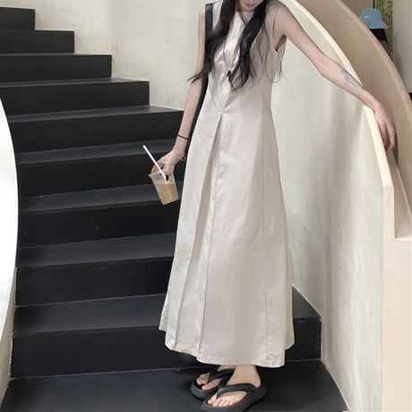 ノースリーブ ワンピース ハイウエスト Aライン プリーツ ロングワンピース レトロ 韓国ファッション レディース 大人可愛い ガーリー DTC-799805323009