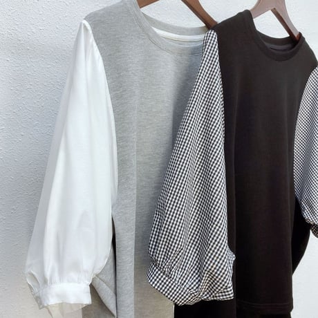 ドッキングブラウス 5分袖 トップス バルーン袖 チェック柄 無地 フェイクレイヤード Tシャツ レトロ 韓国ファッション レディース 大人可愛い ガーリー DTC-708136202207