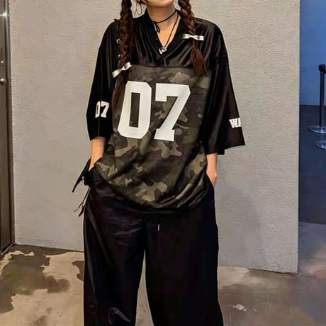 tシャツ メッシュ切り替え ナンバリング カモフラージュ柄 迷彩柄 Vネック トップス オーバーサイズ プルオーバー 半袖 レトロ ストリート女子 カジュアル DTCA-888451993795