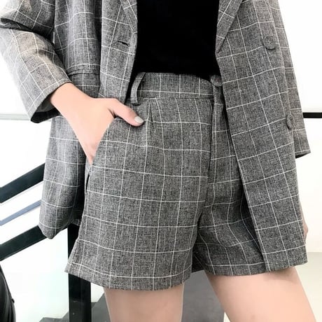レディース ジャケット ショートパンツ チェック柄 セットアップ 大人 ガジュアル ハイウエスト ガーリー 韓国ファッション (DCT-588392928821)