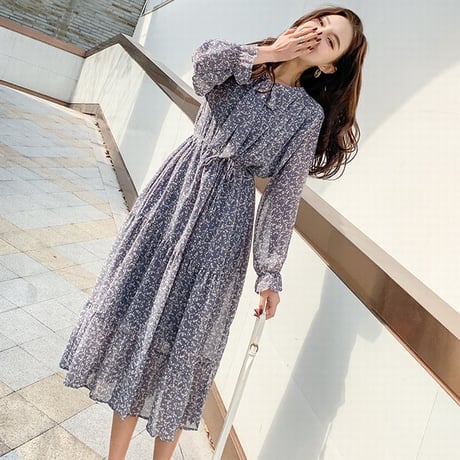 ワンピース 花柄 リボンタイ プリーツ パフスリーブ Aライン 長袖 韓国ファッション レディース ボウタイ 春 秋 レトロ DTC-60979682115