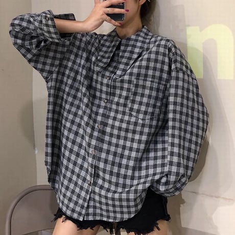 韓国ファッション チェック柄 シャツ ルーズ ゆったり 長袖 ストリート 襟ロング 大人カジュアル 秋 冬 オルチャン 韓国 レディース (DTC-601823900318_002)