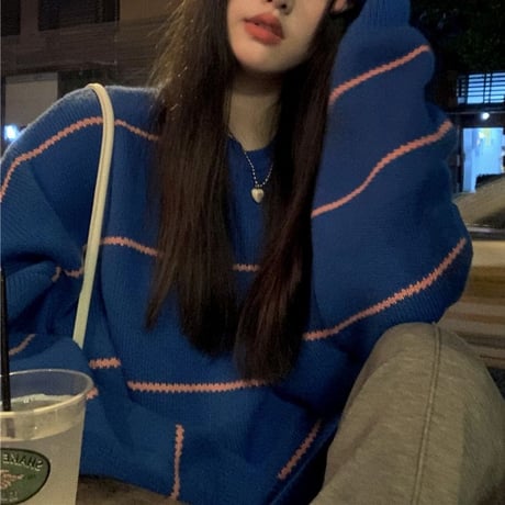 ボーダー ニットセーター プルオーバー クルーネック 厚手 長袖 ルーズ ゆったり レトロ 韓国ファッション レディース  大人可愛い ガーリー カジュアル DTC-658401914498