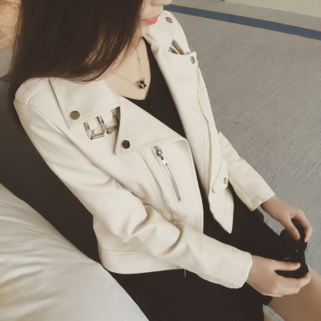 レディース ライダーズ ジャケット PUレザージャケット ホワイト ブラック アウター 春 秋 大人カジュアル 韓国 韓国ファッション (DTC-563442275870)
