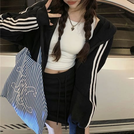 セットアップ サイドライン パーカー ミニスカート 長袖 ゆったり ルーズ 上下セット レトロ カジュアル 韓国ファッション レディース 大人可愛い ガーリー DTC-738691849961
