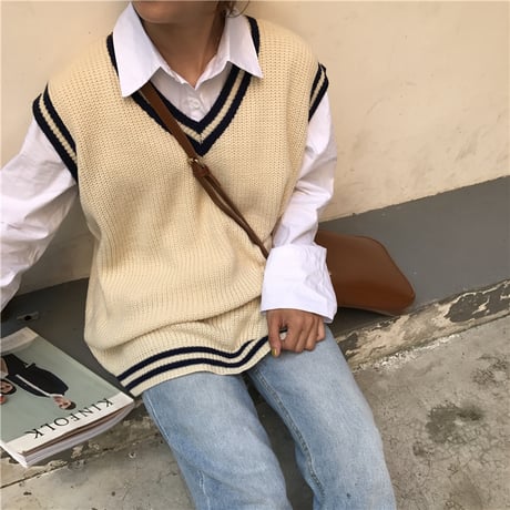 ニットベスト ルーズ Vネック ライン 韓国ファッション レディース ベスト ノースリーブ セーター シンプル レトロ 大人可愛い ガーリー DTC-626062121270