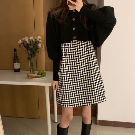 セットアップ クロップド丈 ニットカーディガン ブロックチェック柄 スリングワンピース キャミワンピース レトロ 韓国ファッション レディース 大人可愛い ガーリー DTC-664535796023