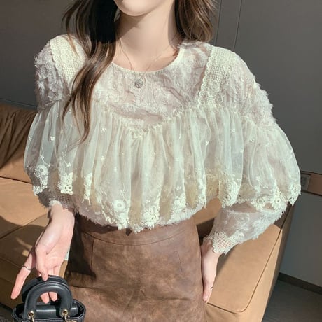 レース ブラウス フリル ランタンスリーブ シフォン トップス ルーズ 長袖 レトロ 韓国ファッション レディース 大人可愛い ガーリー フェミニン DTC-769080914835