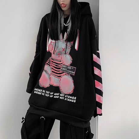 ユニセックス パーカー 裏起毛 クマちゃん 袖プリント バックプリント 長袖 オーバーサイズ 韓国ファッション メンズ レディース ルーズ カジュアル ストリート系 DTC-631029893418