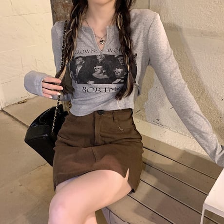 【3カラー】 Tシャツ 長袖 キーネック ショート丈 ロンT カットソー レトロ 韓国ファッション レディース 大人可愛い ガーリー カジュアル DTC-666641340557