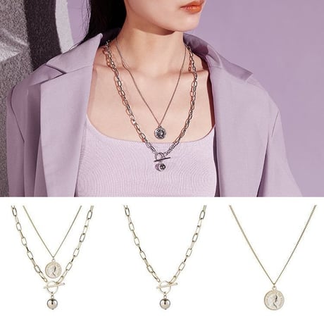 2点セット ネックレス チェーン付き コイン Tバー ペンダント アクセサリー 合金 シンプル DTC-618874289625
