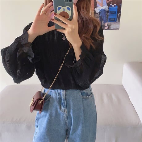 ティアード ブラウス ランタンスリーブ シフォン ルーズ プリーツ 長袖 レトロ トップス 韓国ファッション レディース 大人可愛い ガーリー フェミニン DTC-624138600439