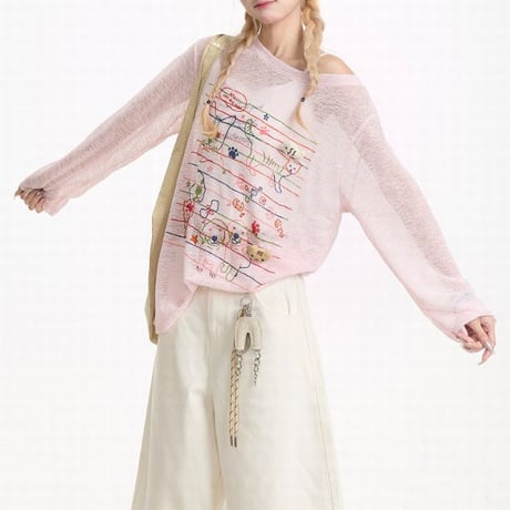 シアートップス 落書き風プリント 薄手 UVカット ワンショルダー シアーtシャツ ロンt トップス 日焼け防止 ゆったり 長袖 レトロ 大人可愛い ガーリー DTCA-925730185096