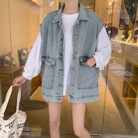 デニムベスト ジレ ベストジャケット デニム オーバーサイズ ビッグシルエット レトロ 韓国ファッション レディース ガーリー カジュアル ストリート系 DTC-651919599376