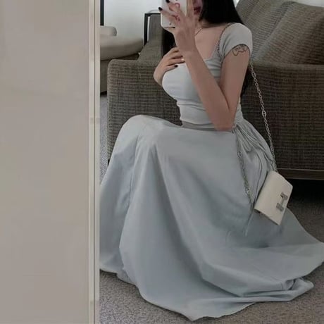 ワンピース サイドリボン フレア プリーツ Aライン ハイウエスト ノースリーブ ロングワンピース スリム レトロ 大人可愛い ガーリー DTCA-709334685571