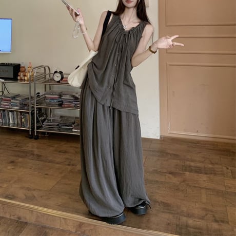 セットアップ 2点セット ノースリーブ シャツ ワイドパンツ ルーズ トップス モップパンツ レトロ 韓国ファッション レディース 大人可愛い ガーリー DTC-798283919671
