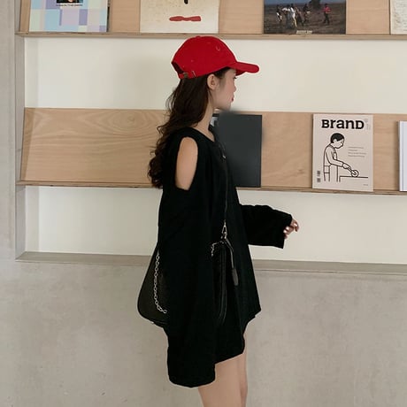 オープンショルダー Tシャツ 長袖 不規則デザイン 韓国ファッション レディース ロンT トップス ラウンドネック ガーリー ストリート (DTC-623972080031)