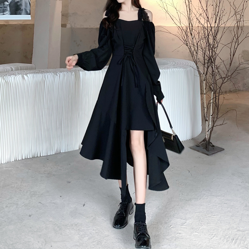 不規則デザイン スリミングワンピース アシンメトリー ウエストレース