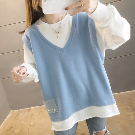 フェイクレイヤード トップス ベスト ドッキング ラウンドネック ルーズ 韓国ファッション レディース ゆったり 体型カバー 大人可愛い ガーリー DTC-624754370918