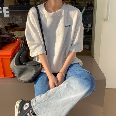 tシャツ ワンポイント バックプリント オーバーサイズ 半袖 ドロップショルダー クルーネック シンプル ルーズ レトロ 大人可愛い ガーリー カジュアル DTCA-645393552994